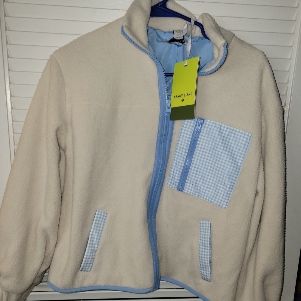 Sandy Liang Cream Fleece with Blue Gingham Accents Coat--One Left